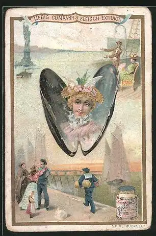 Sammelbild Liebig, Frau in einer Jakobsmuschel, Hafenbild