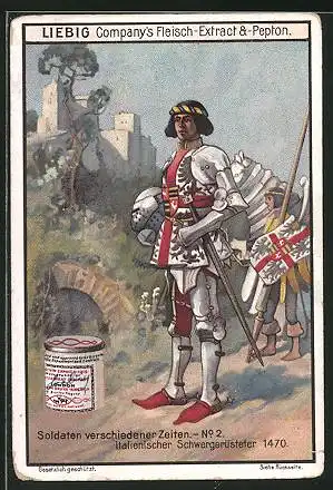 Sammelbild Liebig, Soldaten verschiedener Zeiten No. 2, italienischer Schwergerüsteter 1470