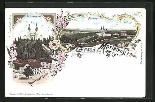 Lithographie Mariatrost b/Graz, Totalansicht, Wallfahrtskirche & Reissmüller`s Gasthaus