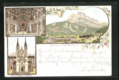 Künstler-AK Admont, Gesamtansicht mit Buchstein, Bibliothek des Stiftes & Blasius Münster