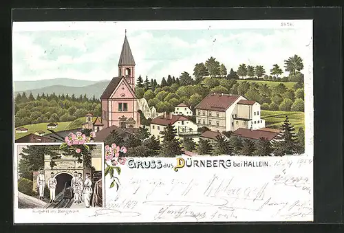 Lithographie Dürnberg bei Hallein, Einfahrt ins Bergwerk & Partie an der Kirche