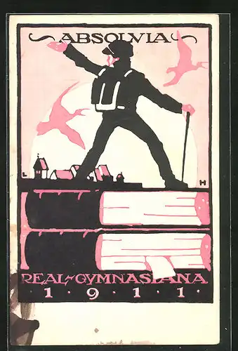 Künstler-AK Absolvia Real-Gymnasiana 1911, Absolvent auf Büchern