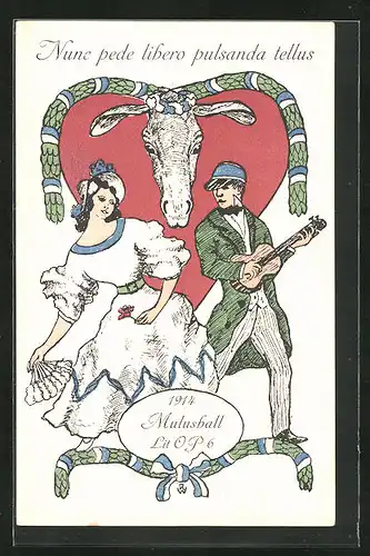 Künstler-AK Nune pede libero pulsanda tellus, Mulusball Lit OP 6, 1914, Student mit Gitarre und Mädchen