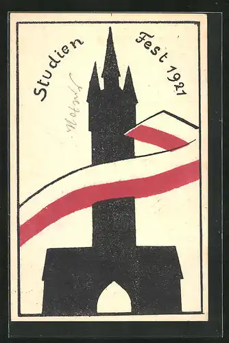 AK studentische Szene, Studienfest 1921, Turm mit Banner