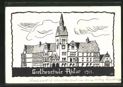 Künstler-AK Absolvia Abitur Goetheschule 1911, Schulgebäude