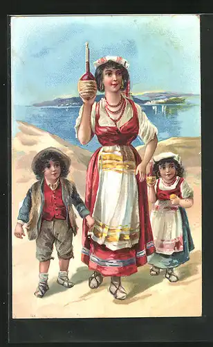 Präge-Lithographie Mutter und Kinder mit Wein, italienische Volkstracht