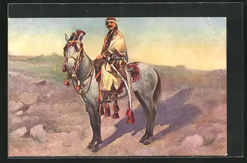 AK Costume de Bédouin, Mann in Bedouinen-Tracht auf einem Pferd sitzend