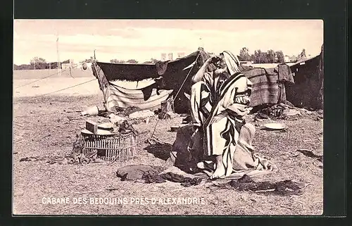 AK Alexandrie, Cabane des Bedouins, Bedouine sitzt vor seinem Zelt