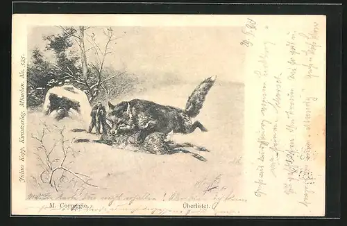 Künstler-AK sign. M. Correggio: Überlistet, Fuchs hat einen Hasen erlegt