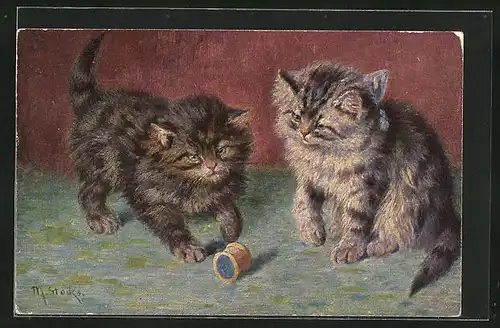 Künstler-AK Zwei Kitten spielen mit einer Rolle