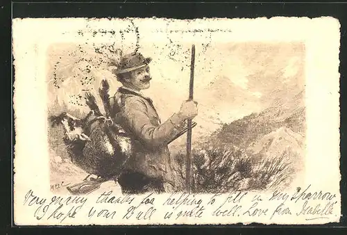 AK Jäger mit erlegter Bergziege auf dem Rücken im Gebirge