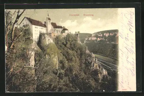 AK Beuron, Werenwag, die Burg auf dem Felsen, Blick ins Tal