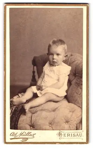 Fotografie Ad. Müller, Herisau, Casernenstrasse z. Papagei, erstaunt wirkendes Kleinkind auf einem Sessel
