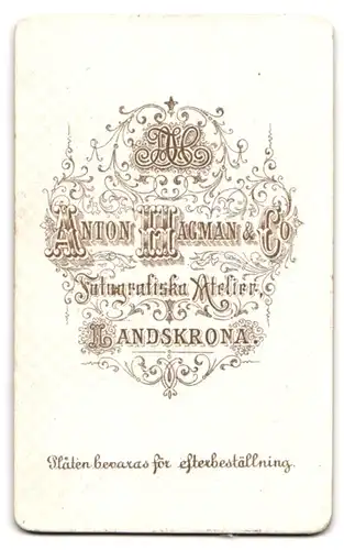 Fotografie Anton Hagman & Co., Landskrona, Portrait junge Frau im Biedermeierkleid mit Brosche sitzt auf einem Stuhl