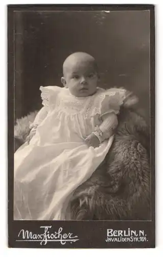 Fotografie Max Fischer, Berlin, Invalidenstrasse 164, niedliches kleines Baby in Spitzenkleid