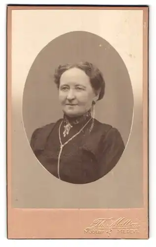 Fotografie Th. Mattson, Mjölby, Portrait ältere Dame in hübscher Kleidung