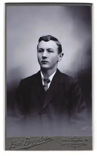 Fotografie Emil Borgström, Landskrona, Södra Langgatan 18, Portrait junger Herr im Anzug mit Krawatte