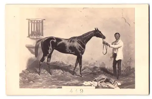 Fotografie Goupli & Cie., Paris, Bd. Montmartre 19, Gemälde Mann führt Pferd aus dem Stall