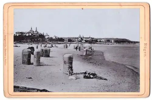 Fotografie Stengel & Co., Dresden, Ansicht Binz, Strandpartie mit Strandkörben und Blick zum Ort