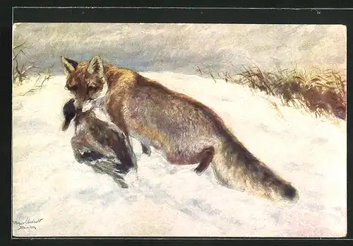 Künstler-AK Fuchs mit Ente im Winter