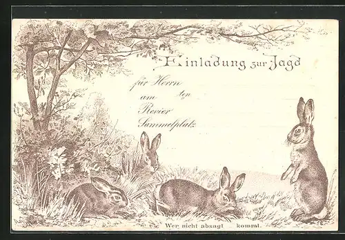 Lithographie Jagdeinladung, Kaninchen unter einem Busch