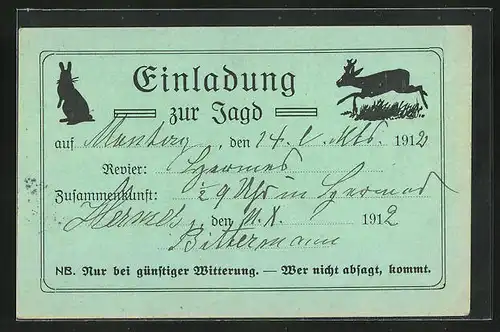 AK Jagdeinladung 1912, Hase und Rehbock