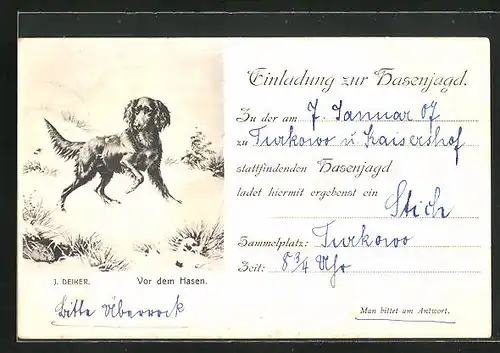 Künstler-AK Einladung zur Hasenjagd 1907, Jagdhund