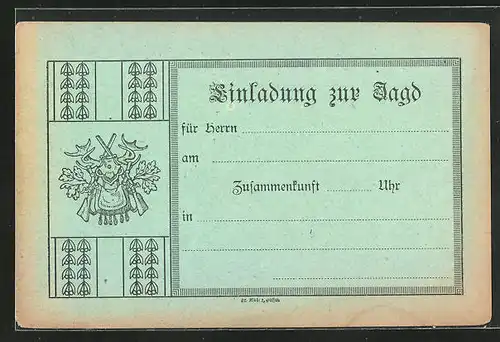 AK Jagdeinladung, rückseitig Jagd-Ordnung, Geweih zwischen gekreuzten Flinten