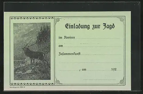 AK Jagdeinladung, Kapitaler Hirsch am Waldrand