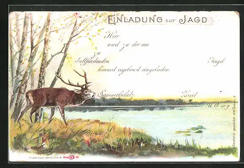 Lithographie Jagdeinladung, Hirsch am Seeufer