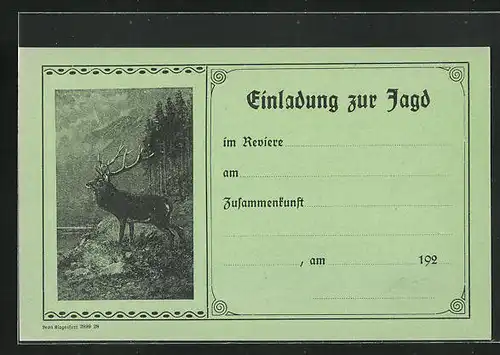 AK Jagdeinladung, Kapitaler Hirsch am Waldrand