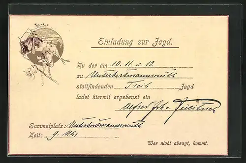 AK Einladung zur Treib-Jagd, Jagdhund mit Hasen im Maul