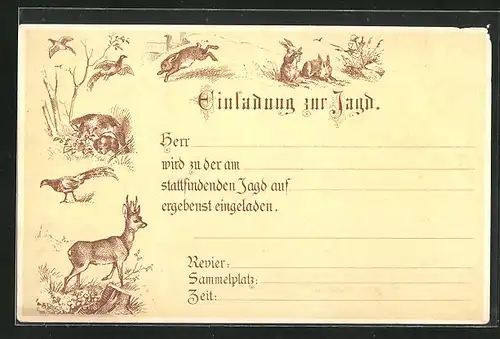 Lithographie Jagdeinladung, Jagdhund, Fasane, Rehbock und Hasen