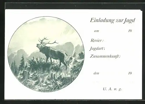 AK Jagdeinladung, Röhrender Hirsch in den Bergen
