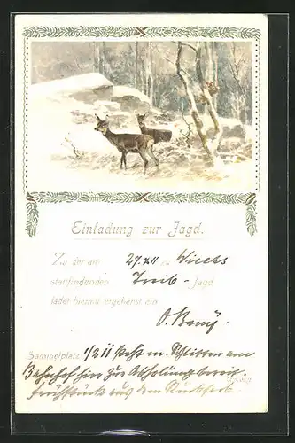 Künstler-AK Jagdeinladung, Rehe im Winterwald