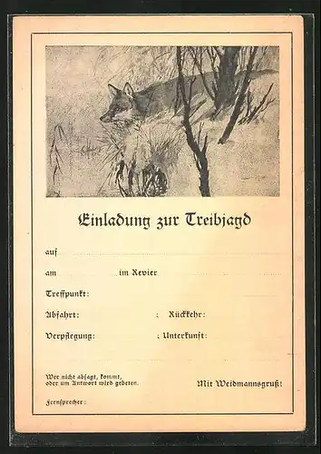 Künstler-AK Einladung zur Treibjagd, Fuchs pirscht durchs Unterholz