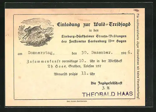 AK Einladung zur Wald-Treibjagd am 30.12.1926, Laufender Hase