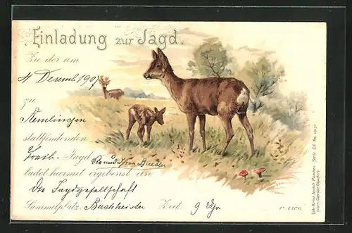 Lithographie Hirsche auf einer Wiese, Jagdeinladung