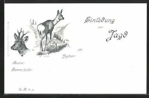 Lithographie Ricke und Rehbock, Jagdeinladung