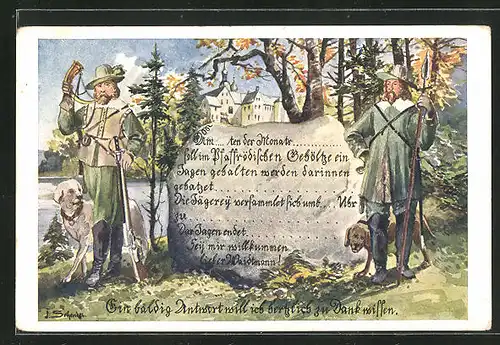 Lithographie Jäger aus dem späten Mittelalter, Jagdeinladung