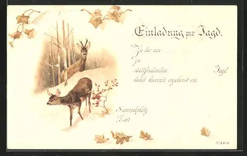 Lithographie Ricke und Bock im Winter, Jagdeinladung