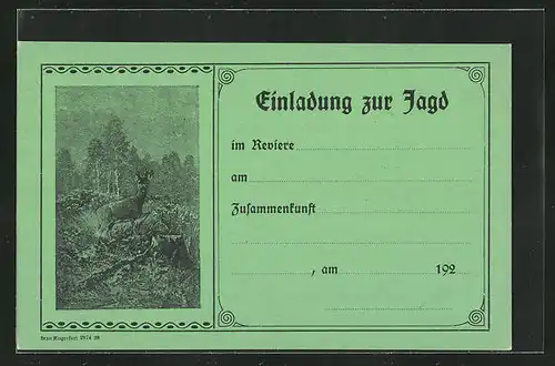 Lithographie Rehbock auf einer Lichtung, Jagdeinladung