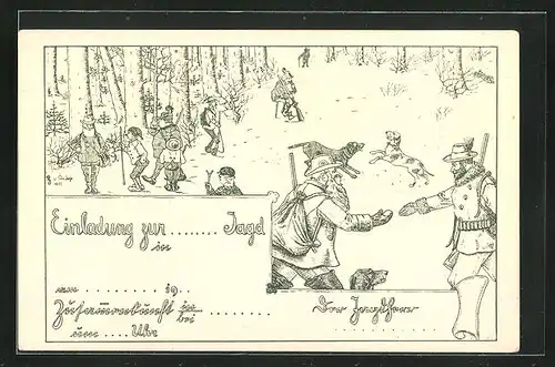 Lithographie Eintreffen der Jagdgesellschaft, Jagdeinladung
