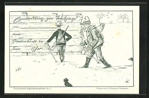 Lithographie Jäger vor dem Anschlagbrett, Jagdeinladung