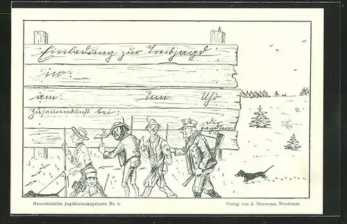 Lithographie Jäger und Treiber vor dem Anschlagbrett