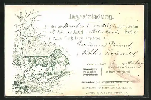 Lithographie Hund apportiert Hasen, Jagdeinladung