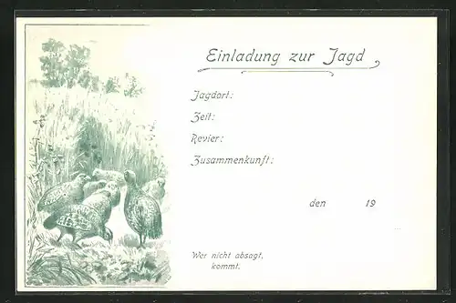 Lithographie Rebhühner im hohen Gras, Jagdeinladung