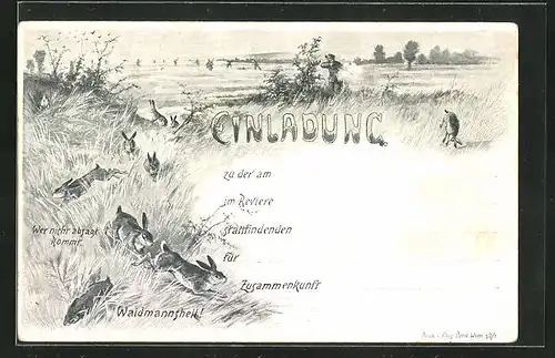 Lithographie Hasenjagd, Jagdeinladung