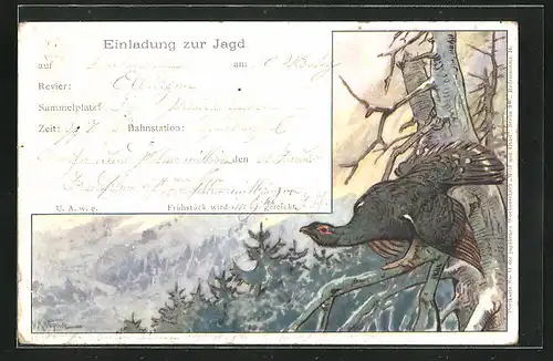 Lithographie Auerhahn im winterlichen Wald, Jagdeinladung