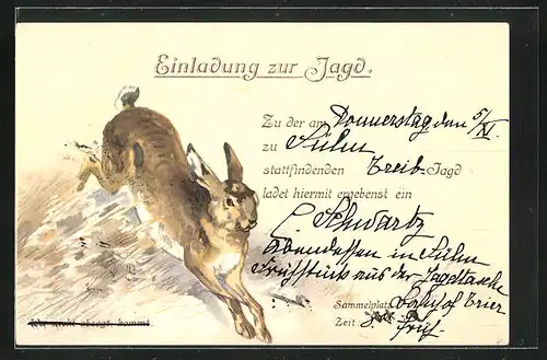 Lithographie Hase, Jagdeinladung